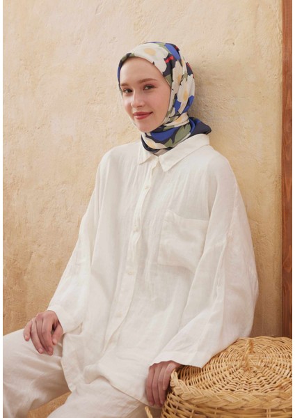 Blossom Desen Pamuk Ipek Eşarp Mavi