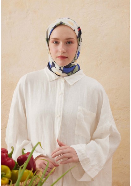 Blossom Desen Pamuk Ipek Eşarp Mavi