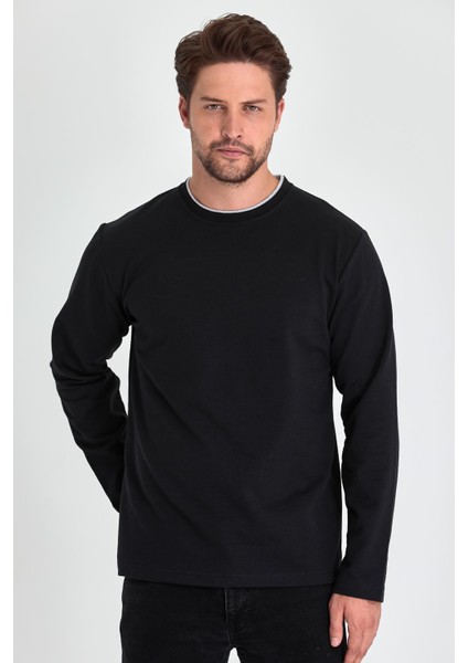 Erkek Siyah Çift Bisiklet Yaka Standart Rahat Kesim Sweatshirt fiyatları