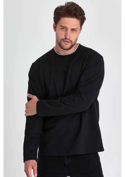 Erkek Siyah Çift Bisiklet Yaka Standart Rahat Kesim Sweatshirt modelleri