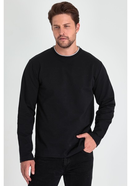 Erkek Siyah Çift Bisiklet Yaka Standart Rahat Kesim Sweatshirt fırsatları