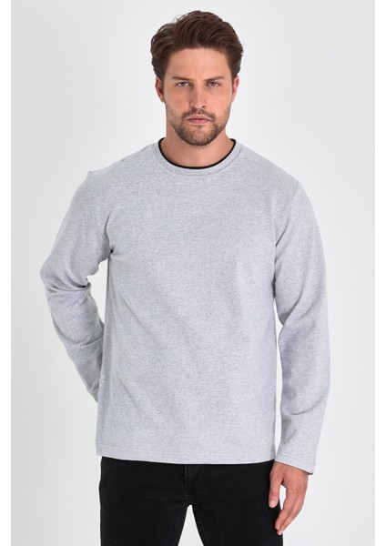 Erkek Gri Çift Bisiklet Yaka Standart Rahat Kesim Sweatshirt CMRB68-GRİ