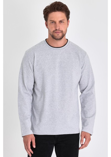 Erkek Gri Çift Bisiklet Yaka Standart Rahat Kesim Sweatshirt CMRB68-GRİ