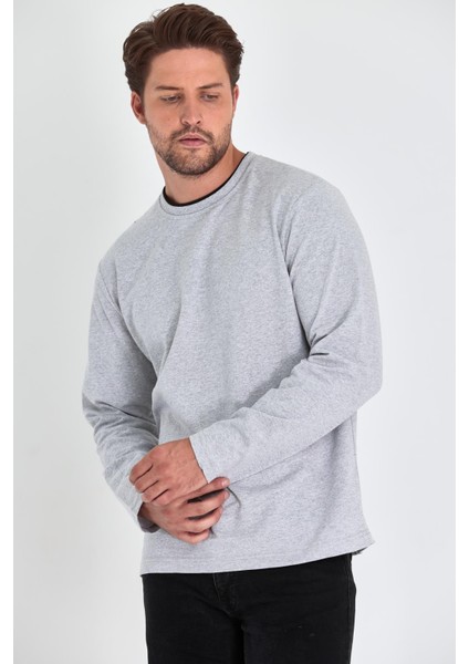 Erkek Gri Çift Bisiklet Yaka Standart Rahat Kesim Sweatshirt CMRB68-GRİ