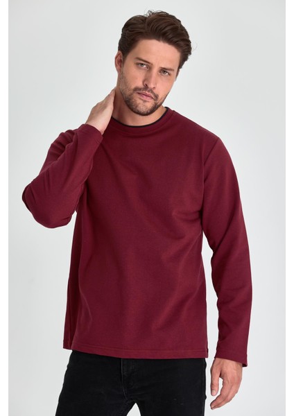 Erkek Bordo Çift Bisiklet Yaka Standart Rahat Kesim Sweatshirt