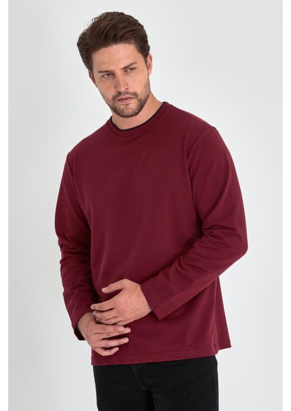 Erkek Bordo Çift Bisiklet Yaka Standart Rahat Kesim Sweatshirt