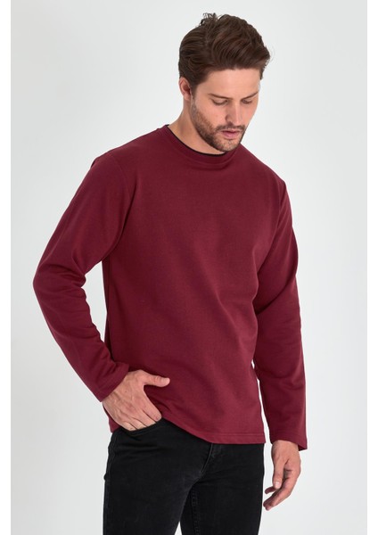 Erkek Bordo Çift Bisiklet Yaka Standart Rahat Kesim Sweatshirt