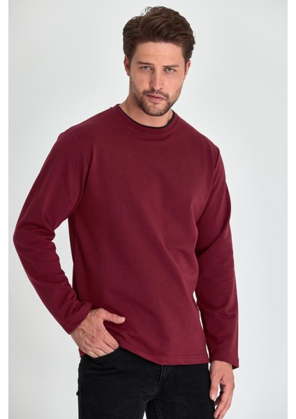 Erkek Bordo Çift Bisiklet Yaka Standart Rahat Kesim Sweatshirt