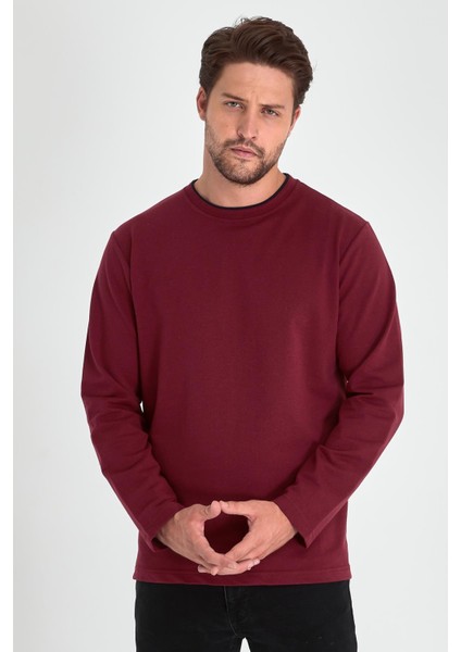 Erkek Bordo Çift Bisiklet Yaka Standart Rahat Kesim Sweatshirt