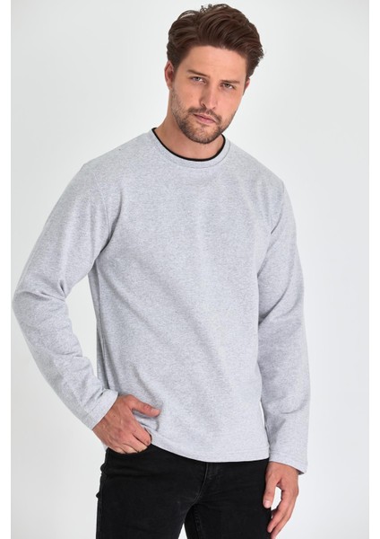 Erkek Gri Çift Bisiklet Yaka Standart Rahat Kesim Sweatshirt CMRB68-GRİ