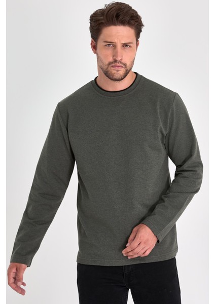 Erkek Haki Çift Bisiklet Yaka Standart Rahat Kesim Sweatshirt CMRB68-HAKİ