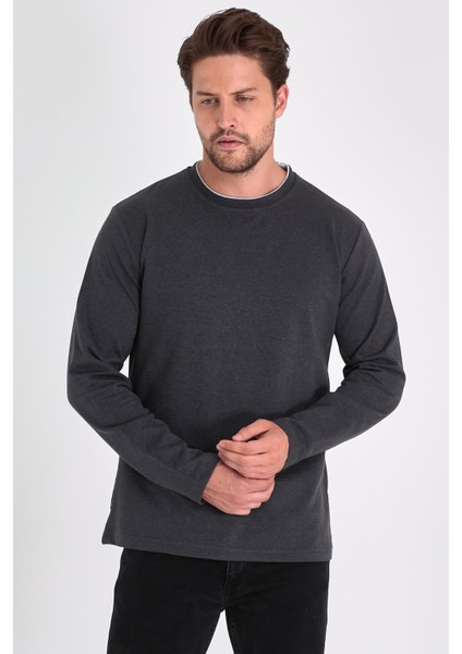 Erkek Antrasit Çift Bisiklet Yaka Standart Rahat Kesim Sweatshirt CMRB68-ANTRASİT