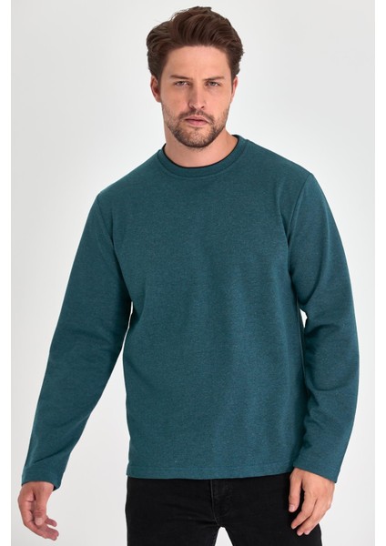 Erkek Petrol Çift Bisiklet Yaka Standart Rahat Kesim Sweatshirt CMRB68-PETROL