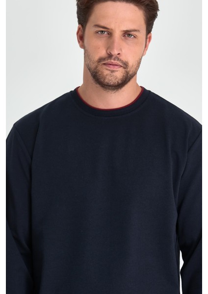 Erkek Lacivert Çift Bisiklet Yaka Standart Rahat Kesim Sweatshirt modelleri