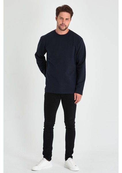 Erkek Lacivert Çift Bisiklet Yaka Standart Rahat Kesim Sweatshirt indirimleri