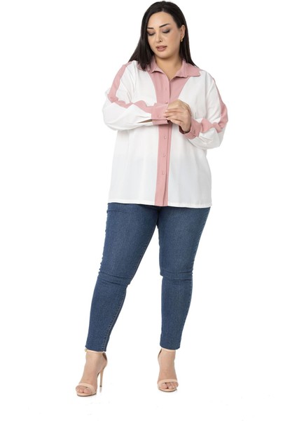 Büyük Beden Garnili Uzun Kollu Beyaz Gül Kurusu Gömlek fiyatları