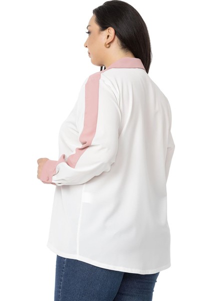 Büyük Beden Garnili Uzun Kollu Beyaz Gül Kurusu Gömlek modelleri