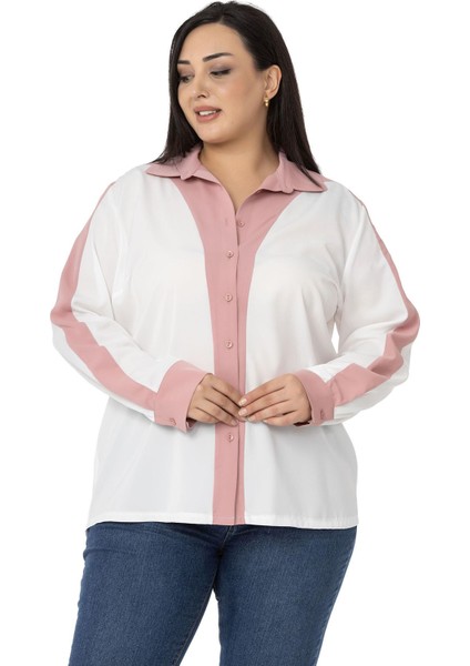 Büyük Beden Garnili Uzun Kollu Beyaz Gül Kurusu Gömlek fırsatları