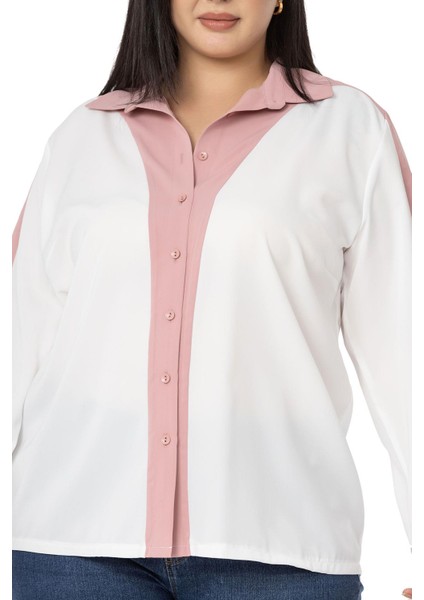 Büyük Beden Garnili Uzun Kollu Beyaz Gül Kurusu Gömlek indirimleri