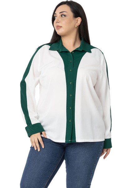 Büyük Beden Garnili Uzun Kollu Beyaz Zümrüt Gömlek