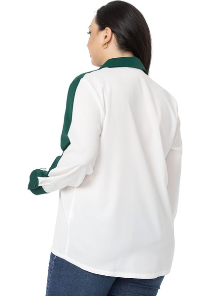 Büyük Beden Garnili Uzun Kollu Beyaz Zümrüt Gömlek modelleri