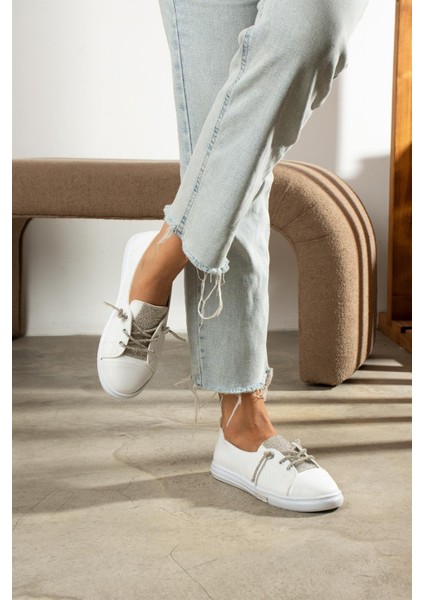 Carissa Kadın Sneakers Taşlı Spor Ayakkabı Beyaz Deri