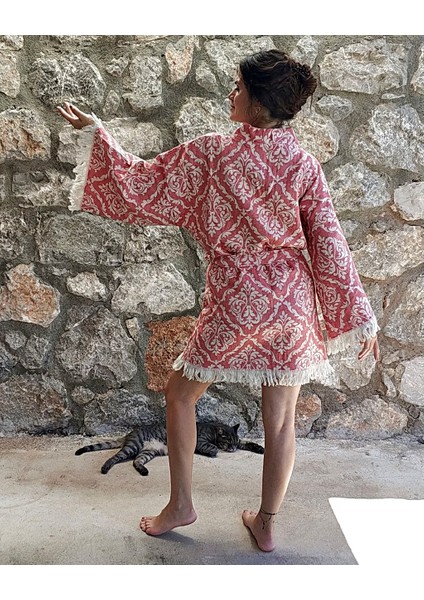 Damask Desenli Mini Kimono %100 Pamuk Kırmızı