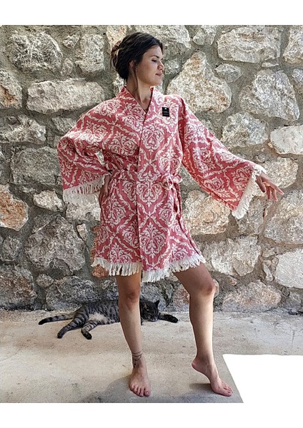 Damask Desenli Mini Kimono %100 Pamuk Kırmızı