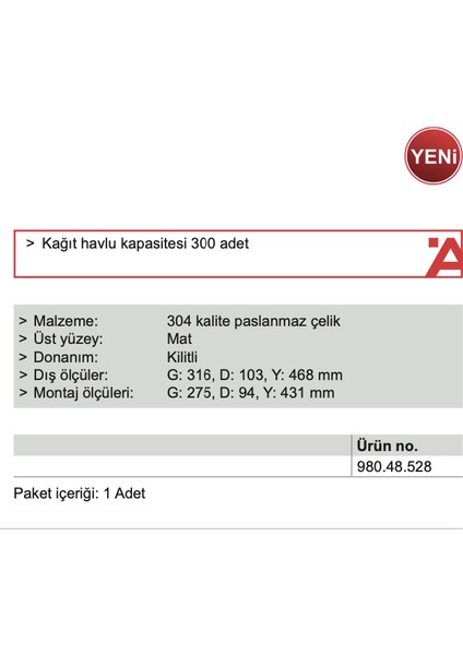 Klein Kağıt Havluluk Dispanseri Sıva Altı