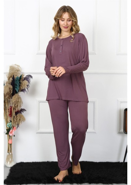 Kadın 4xl-5xl-6xl-7xl-8xl Büyük Beden Mürdüm Uzun Kol Pijama Takım 75013