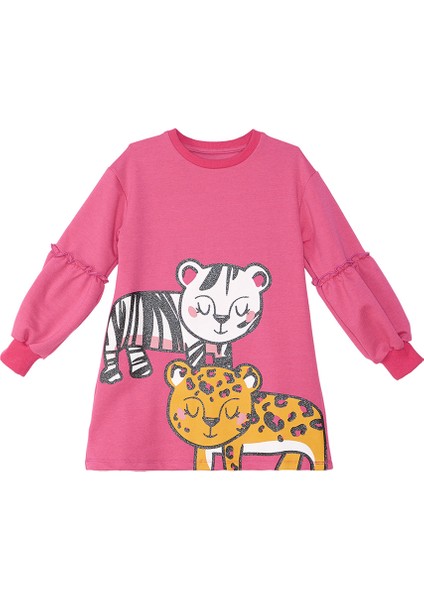 Leopar Zebra Kız Çocuk Pembe Elbise