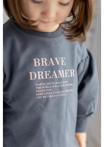 Kız Çocuk Balon Kol Yazı Baskılı Sweatshirt modelleri