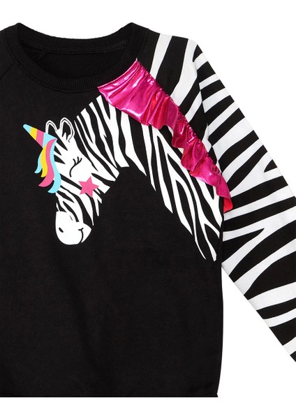 Fırfırlı Zebra Kız Çocuk Siyah Sweatshirt