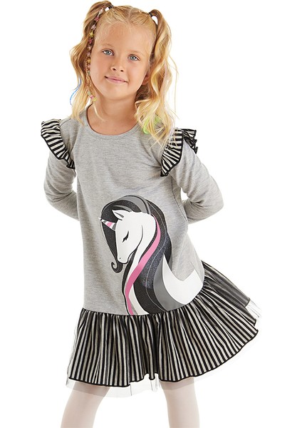 Zarif Unicorn Gri Kız Çocuk Elbise