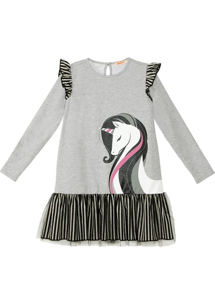 Zarif Unicorn Gri Kız Çocuk Elbise modelleri