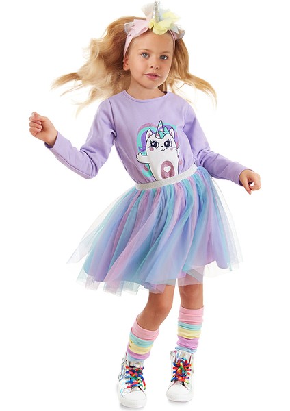 Gökkuşağı Kedicorn Kız Çocuk Tüllü Elbise