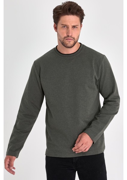 Erkek Haki Çift Bisiklet Yaka Standart Rahat Kesim Sweatshirt