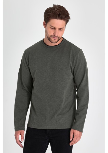 Erkek Haki Çift Bisiklet Yaka Standart Rahat Kesim Sweatshirt
