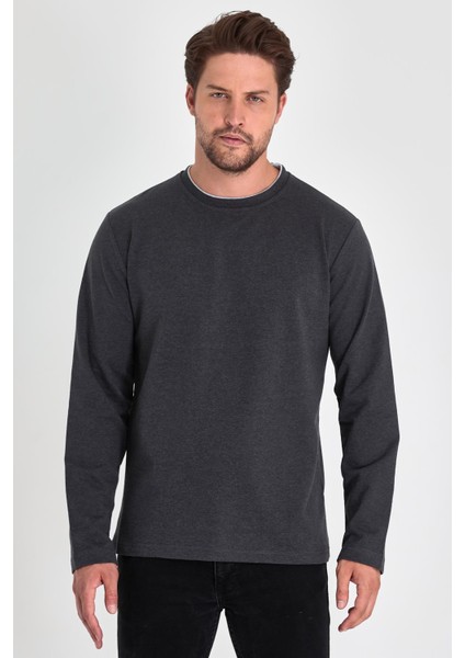 Erkek Antrasit Çift Bisiklet Yaka Standart Rahat Kesim Sweatshirt