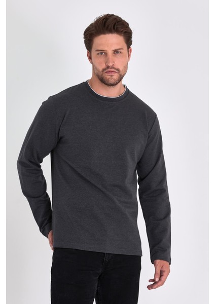 Erkek Antrasit Çift Bisiklet Yaka Standart Rahat Kesim Sweatshirt