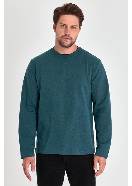 Erkek Petrol Çift Bisiklet Yaka Standart Rahat Kesim Sweatshirt fiyatları