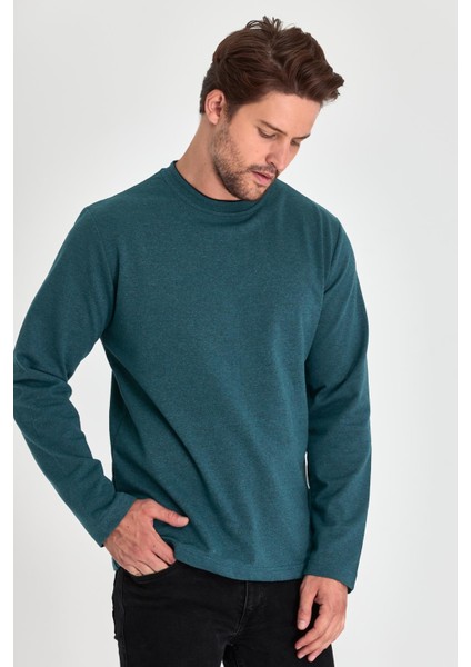 Erkek Petrol Çift Bisiklet Yaka Standart Rahat Kesim Sweatshirt modelleri