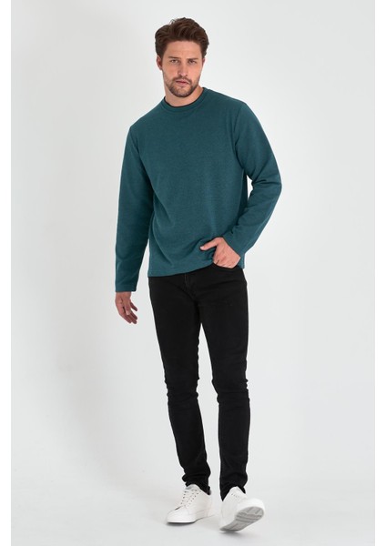 Erkek Petrol Çift Bisiklet Yaka Standart Rahat Kesim Sweatshirt