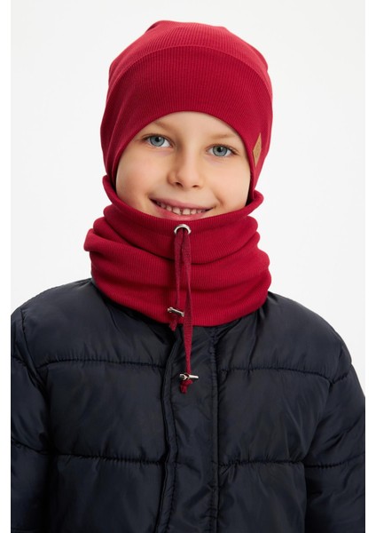 Bordo Erkek Çocuk Şapka Bere Boyunluk Takım Pamuklu Kaşkorse