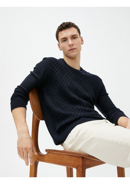 Triko Kazak Baklava Desenli Uzun Kollu Bisiklet Yaka