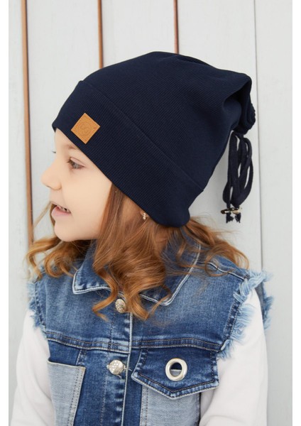 Kız Çocuk Lacivert Şapka Bere El Yapımı Pamuklu Kaşkorse