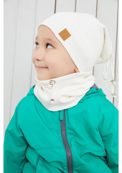 Beyaz Erkek Çocuk İp Şapka Bere Boyunluk Takım Pamuklu Kaşkorse