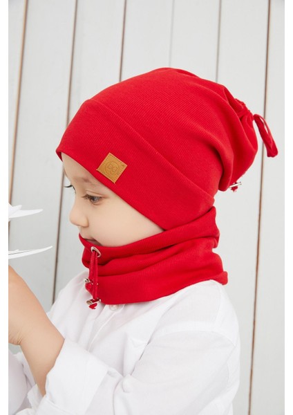Kırmızı Erkek Çocuk İp Şapka Bere Boyunluk Takım Pamuklu Kaşkorse