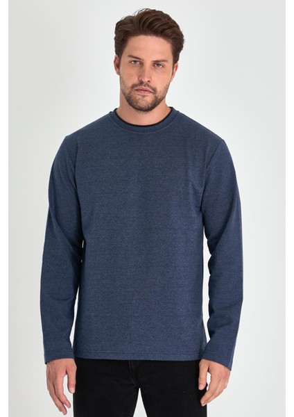 Erkek Indigo Çift Bisiklet Yaka Standart Rahat Kesim Sweatshirt