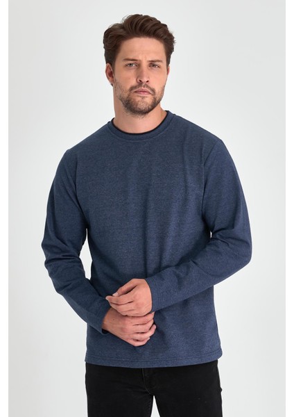 Erkek Indigo Çift Bisiklet Yaka Standart Rahat Kesim Sweatshirt